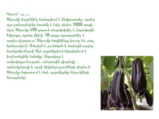 Գիտեք՞ որ ...

Սմբուկի հայրենիքը համարվում է Հնդկաստանը, որտեղ
այս բանջարեղենը հայտնի է եղել դեռևս 1000 տարի
մթա: Սմբուկը VIII դարում տեղափոխվել է Հարավային
Եվրոպա, որտեղ մինչև 18 դարը օգտագործվել է
որպես դեղաբույս: Սմբուկի ծաղիկները խոշոր են, բաց
կանաչավուն: Օժտված է բուժական և համային բարձր
հատկանիշներով: Այն օրգանիզմում նվազեցնում է
խոլեստերինի քանակը: Օգտակար է
սակավարյունության, շաքարային դիաբեդի,
աթեոսկլերոզի և սրտի հիվանդությունների դեպքում:
Սմբուկը նպաստում է նաև օրգանիզմից հեղուկների
հեռացմանը:

 