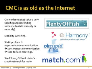 CMC is as old as the Internet<br />7<br />Online dating sites serve a very specific purpose: finding someone to date (casu...
