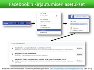Facebookin kirjautumisen asetukset
Facebook-tunnuksen asetukset, Turvallisuus ja sisäänkirjautuminen, https://www.facebook.com/settings?tab=security (28.9.2017)
 