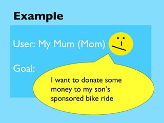 User: My Mum (Mom) Goal:  I want to donate some money to my son’s sponsored bike ride Example 