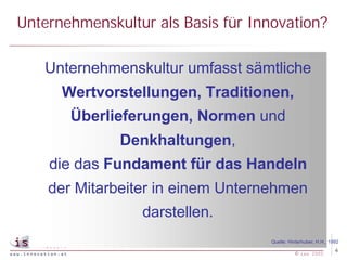 Unternehmenskultur als Basis für Innovation?

   Unternehmenskultur umfasst sämtliche
      Wertvorstellungen, Traditionen,
       Überlieferungen, Normen und
              Denkhaltungen,
    die das Fundament für das Handeln
    der Mitarbeiter in einem Unternehmen
                 darstellen.
                                    Quelle: Hinterhuber, H.H., 1992
                                                                 6
                                              © isn 2005
 