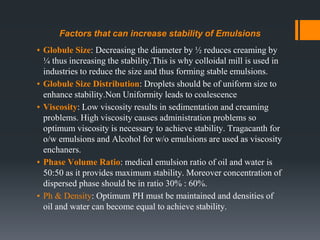 Factors that can increase stability of Emulsions
▪ Globule Size: Decreasing the diameter by ½ reduces creaming by
¼ thus increasing the stability.This is why colloidal mill is used in
industries to reduce the size and thus forming stable emulsions.
▪ Globule Size Distribution: Droplets should be of uniform size to
enhance stability.Non Uniformity leads to coalescence
▪ Viscosity: Low viscosity results in sedimentation and creaming
problems. High viscosity causes administration problems so
optimum viscosity is necessary to achieve stability. Tragacanth for
o/w emulsions and Alcohol for w/o emulsions are used as viscosity
enchaners.
▪ Phase Volume Ratio: medical emulsion ratio of oil and water is
50:50 as it provides maximum stability. Moreover concentration of
dispersed phase should be in ratio 30% : 60%.
▪ Ph & Density: Optimum PH must be maintained and densities of
oil and water can become equal to achieve stability.
 