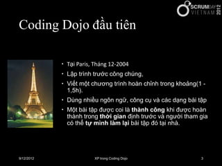 Coding Dojo đầu tiên

             Tại Paris, Tháng 12-2004
             Lập trình trước công chúng,
             Viết ...