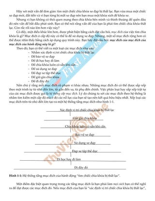 Hãy xét một vấn đề đơn giản: tìm một chiếc chìa khóa xe đạp bị thất lạc. Bạn vừa mua một chiếc
xe đạp mới, đắt tiền và vì bạn từng bị mất xe đạp nên bạn mua một khóa xích để khóa xe.
Nhưng vì bạn không có thói quen mang theo chìa khóa bên mình và thỉnh thoảng để quên đâu
đó nên vấn đề bắt đầu phát sinh. Bạn có thể nói rằng vấn đề của bạn là phải tìm chiếc chìa khóa thất
lạc. Còn rắc rối nào lớn hơn việc này?
Có đấy, một điều khác lớn hơn, được phát hiện bằng cách đặt câu hỏi, mục đích của việc tìm chìa
khóa là gì? Mục đích ở cấp độ này có thể là để sử dụng xe đạp. Nhưng, một số mục đích rộng hơn có
thể được nhìn thấy bằng cách áp dụng quy trình này. Bạn hãy đặt câu hỏi: mục đích của mục đích của
mục đích của hành động này là gì?
Theo đó, bạn có thể viết ra một loạt các mục đích như sau:
- Nhằm xác định vị trí chiếc chìa khóa bị thất lạc
- Để bảo vệ xe đạp
- Để đi học hay đi làm
- Để chìa khóa luôn có sẵn khi cần
- Để sử dụng xe đạp
- Để đạp xe tập thể dục
- Để giữ gìn chìa khóa
- Để đi đây đó
Nên chú ý rằng mỗi mục đích có phạm vi khác nhau. Những mục đích đó có thể được sắp xếp
theo một trình tự từ nhỏ đến lớn, từ gần đến xa, từ phụ đến chính. Việc phân loại hay sắp xếp trật tự
của các mục đích được gọi là hệ thống cấp mục đích. Lý do chúng ta xét các mục đích theo hệ thống là
nhằm tìm kiếm một cấp độ mà ở đó các nỗ lực của bạn sẽ tạo nên kết quả hữu hiệu nhất. Xếp loại các
mục đích trên từ nhỏ đến lớn tạo ra một hệ thống tầng mục đích như hình 1-1.
Xác định vị trí chiếc chìa khóa bị thất lạc
Giữ gìn chìa khóa
Chìa khóa luôn có sẵn khi cần
Bảo vệ xe đạp
Sử dụng xe đạp
Đạp xe tập thể dục
Đi học hay đi làm
Đi đây đó
Hình 1-1: Hệ thống tầng mục đích của hành động “tìm chiếc chìa khóa bị thất lạc”.
Một điểm đặc biệt quan trọng trong các tầng mục đích là bạn phải làm mọi cách bạn có thể nghĩ
ra để đạt được các mục đích đó. Nếu mục đích của bạn là “xác định vị trí chiếc chìa khóa bị thất lạc”,
 