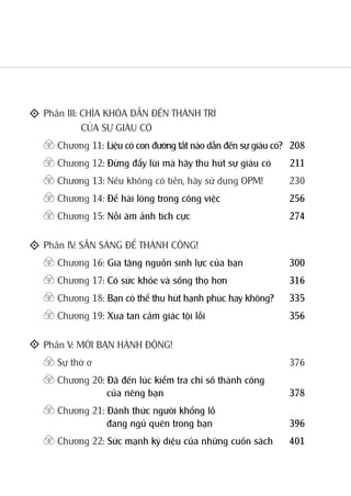 Phần III: CHÌA KHÓA DẪN ĐẾN THÀNH TRÌ
CỦA SỰ GIÀU CÓ
Chương 11: Liệu có con đường tắt nào dẫn đến sự giàu có?	208
Chương 12: Đừng đẩy lùi mà hãy thu hút sự giàu có	211
Chương 13: Nếu không có tiền, hãy sử dụng OPM!	 230
Chương 14: Để hài lòng trong công việc	256
Chương 15: Nỗi ám ảnh tích cực	274
Phần IV: SẴN SÀNG ĐỂ THÀNH CÔNG!
Chương 16: Gia tăng nguồn sinh lực của bạn	300
Chương 17: Có sức khỏe và sống thọ hơn	316
Chương 18: Bạn có thể thu hút hạnh phúc hay không?	335
Chương 19: Xua tan cảm giác tội lỗi	356
Phần V: MỜI BẠN HÀNH ĐỘNG!
Sự thờ ơ	 376
Chương 20: Đã đến lúc kiểm tra chỉ số thành công
của riêng bạn	378
Chương 21: Đánh thức người khổng lồ
đang ngủ quên trong bạn	396
Chương 22: Sức mạnh kỳ diệu của những cuốn sách	401
 