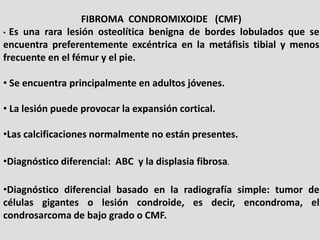 FIBROMA CONDROMIXOIDE (CMF)
• Es una rara lesión osteolítica benigna de bordes lobulados que se
encuentra preferentemente ...