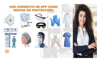 USO CORRECTO DE EPP COMO
MEDIDA DE PROTECCIÓN
Antifluid
o
Filtrante
Absorbe
nte
 