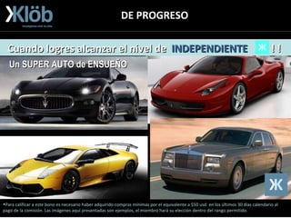 DE PROGRESO Para calificar a este bono es necesario haber adquirido compras mínimas por el equivalente a $50 usd  en los últimos 30 días calendario al pago de la comisión. Las imágenes aquí presentadas son ejemplos, el miembro hará su elección dentro del rango permitido. Cuando logres alcanzar el nivel de  INDEPENDIENTE  ! !  Un SUPER AUTO de ENSUEÑO 