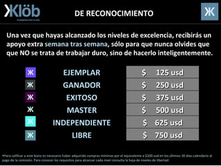 DE RECONOCIMIENTO Una vez que hayas alcanzado los niveles de excelencia, recibirás un apoyo extra  semana tras semana , sólo para que nunca olvides que que NO se trata de trabajar duro, sino de hacerlo inteligentemente. Para calificar a este bono es necesario haber adquirido compras mínimas por el equivalente a $200 usd en los últimos 30 días calendario al pago de la comisión. Para conocer los requisitos para alcanzar cada nível consulta la hoja de niveles de libertad. $  625 usd INDEPENDIENTE $  750 usd LIBRE $  250 usd GANADOR $  500 usd MASTER $  375 usd EXITOSO $  125 usd EJEMPLAR 