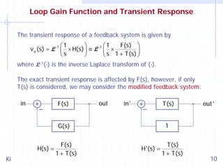 Loop Gain Function and Transient Response
The transient response of a feedback system is given by
F(s) ⎞
⎛1
⎛1
⎞
v o (s) = L−1 ⎜ × H(s) ⎟ = L−1 ⎜ ×
⎟
⎝s
⎠
⎝ s 1 + T(s) ⎠
where L-1(⋅) is the inverse Laplace transform of (⋅).
The exact transient response is affected by F(s), however, if only
T(s) is considered, we may consider the modified feedback system:
in

F(s)

out

in'

T(s)
1

G(s)
H(s) =
Ki

F(s)
1 + T(s)

out '

H'(s) =

T(s)
1 + T(s)

10

 