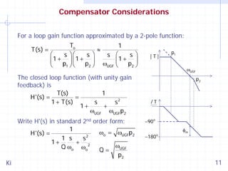 Compensator Considerations
For a loop gain function approximated by a 2-pole function:
T(s) =

To
1
≈
⎛
s ⎞⎛
s ⎞
s ⎛
s ⎞
1 + ⎟ ⎜1 + ⎟
1+ ⎟
⎜
p1 ⎠ ⎝
p2 ⎠ ωUGF ⎜
p2 ⎠
⎝
⎝

The closed loop function (with unity gain
feedback) is
T(s)
1
H'(s) =
=
1 + T(s)
s
s2
1+
+
ωUGF ωUGFp2

Ki

Write H'(s) in standard 2nd order form:
1
ωo = ωUGFp2
H'(s) =
2
1 s
s
1+
+ 2
ωUGF
Q ωo ωo
Q=
p2

|T|

p1

ωUGF
p2

/T

−90 o
−180

o

φm

11

 