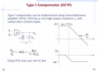 Type I Compensator (0Z1P)
Type I compensator can be implemented using transconductance
amplifier (OTA). OTA has a very high output resistance ro and
cannot drive resistive loads.
|A|

Vin
Vref

gm

Vout
ro

Using OTA may save one IC pin.
Ki

ωUGF =

Co

Vout
gmro
= − A(s) = −
Vin
1 + sC oro

gmro 1 / C oro

gm
Co

ω

/A

ω
−90 o

14

 