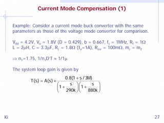 Current Mode Compensation (1)
Example: Consider a current mode buck converter with the same
parameters as those of the voltage mode converter for comparison.
Vdd = 4.2V, Vo = 1.8V (D = 0.429), b = 0.667, fs = 1MHz, Rf = 1Ω
L = 2μH, C = 3.3μF, RL = 1.8Ω (Io=1A), Resr = 100mΩ, mc = m2
⇒ n1=1.75, 1/n1D’T ≈ 1/1μ
The system loop gain is given by
T(s) = A(s) ×

Ki

0.8(1 + s / 3M)
s ⎞⎛
s ⎞
⎛
1+
1+
⎜
⎟⎜
⎟
290k ⎠ ⎝
880k ⎠
⎝

27

 