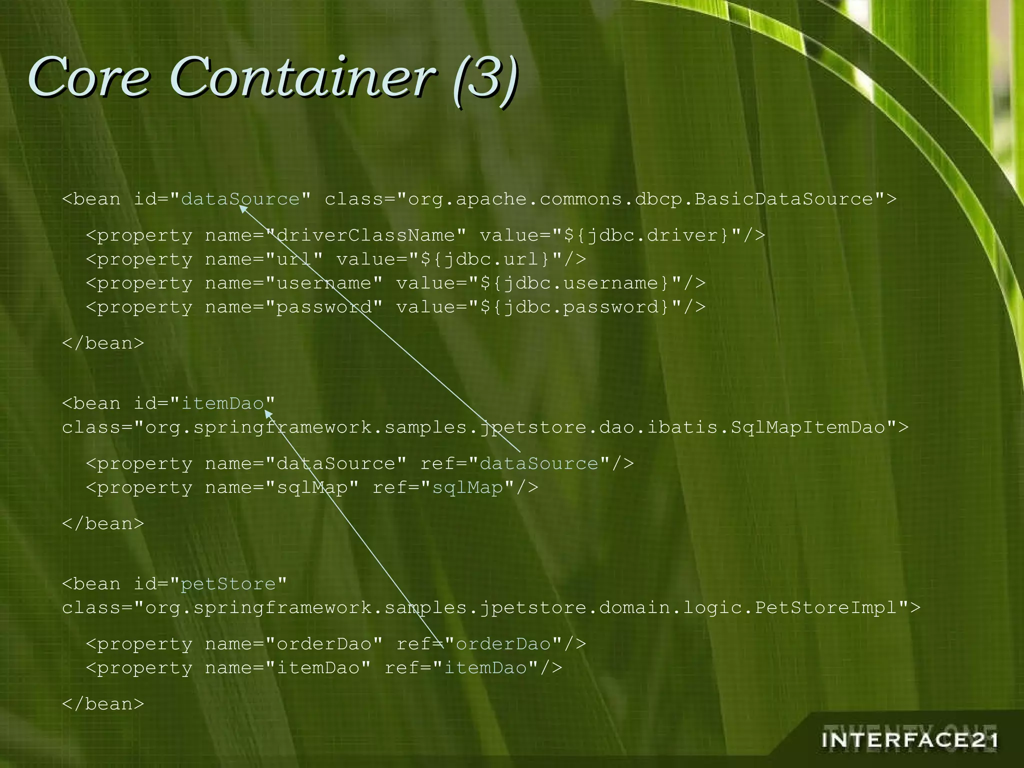 Core Container (3) <bean id=" dataSource " class="org.apache.commons.dbcp.BasicDataSource"> <property name="driverClassName" value="${jdbc.driver}"/>   <property name="url" value="${jdbc.url}"/>   <property name="username" value="${jdbc.username}"/>   <property name="password" value="${jdbc.password}"/> </bean> <bean id=" itemDao "  class="org.springframework.samples.jpetstore.dao.ibatis.SqlMapItemDao"> <property name="dataSource" ref=" dataSource "/>   <property name="sqlMap" ref=" sqlMap "/> </bean> <bean id=" petStore " class="org.springframework.samples.jpetstore.domain.logic.PetStoreImpl"> <property name="orderDao" ref=" orderDao "/>   <property name="itemDao" ref=" itemDao "/> </bean> 