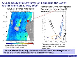 In situ stationsMotodomari Kutsugata(a) Time series of potential temperature and wind vertical profiles at Wakkanai and (b) wind speed and direction at In situ stations in Rishiri Island on May 19-24PALSAR acquisitionWind speeds at the leeward foot of the island (Motodomari) rapidly intensify, which is concurrent with an increase in atmospheric stability in the atmospheric boundary layer.