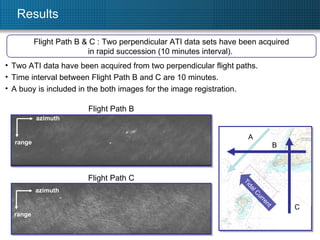 Results Flight Path B & C : Two perpendicular ATI data sets have been acquired in rapid succession (10 minutes interval).  Flight Path B Flight Path C Two ATI data have been acquired from two perpendicular flight paths. Time interval between Flight Path B and C are 10 minutes. A buoy is included in the both images for the image registration. azimuth range azimuth range A B C Tidal Current 