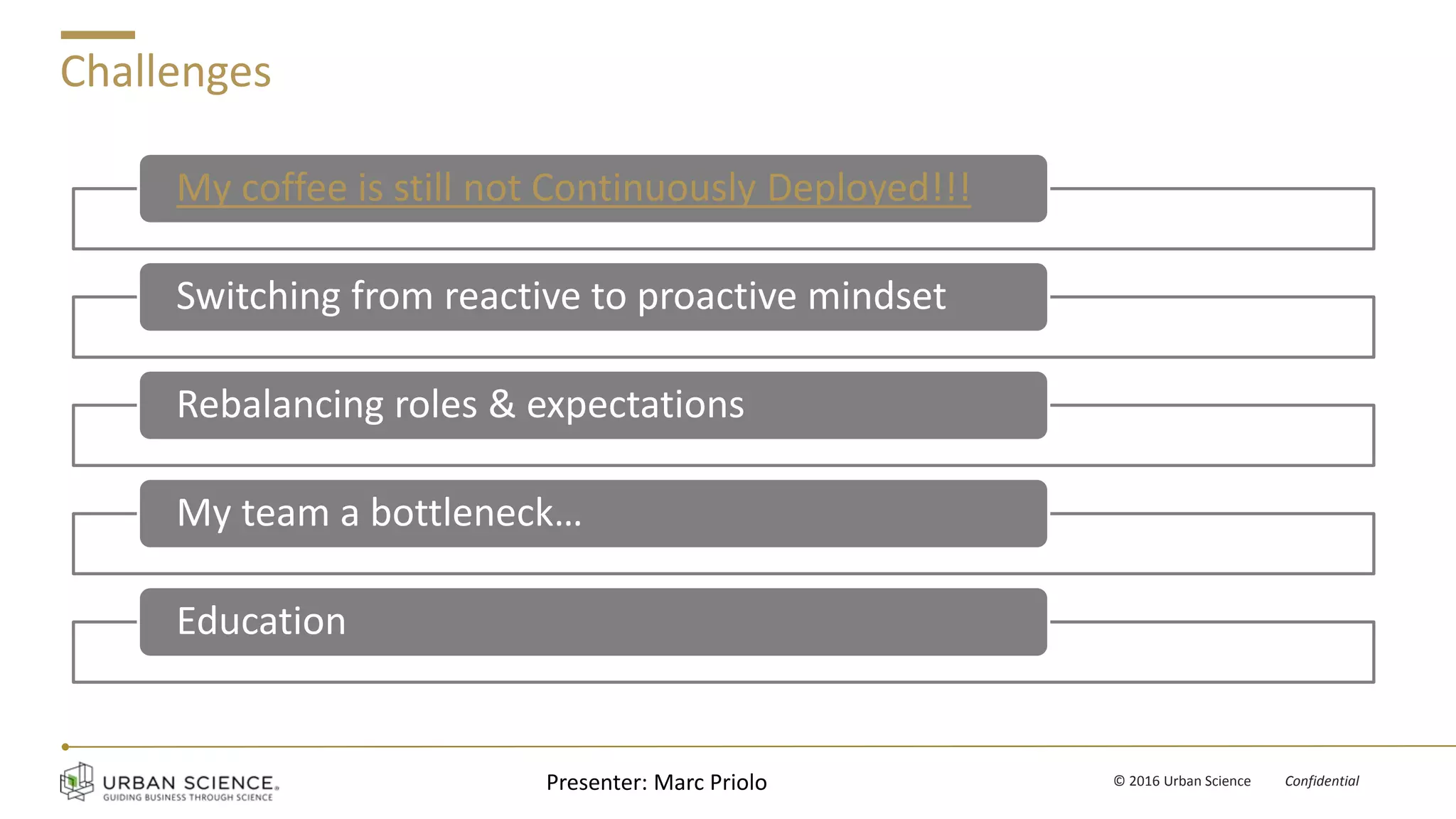 v © 2016 Urban Science Confidential
Challenges
My coffee is still not Continuously Deployed!!!
Switching from reactive to proactive mindset
Rebalancing roles & expectations
My team a bottleneck…
Education
Presenter: Marc Priolo
 