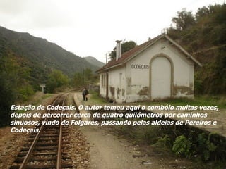 Estação de Codeçais. O autor tomou aqui o combóio muitas vezes, depois de percorrer cerca de quatro quilómetros por caminhos sinuosos, vindo de Folgares, passando pelas aldeias de Pereiros e Codeçais. 
