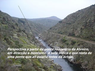 Perspectiva a partir da ponte rodoviária de Abreiro, em direcção a montante. A seta indica o que resta de uma ponte que ali existiu antes da actual. 