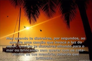 Mas quando te distraíres, por segundos, ao som de uma canção que invoca a luz do amor, quando te distraíres olhando para o mar ou brincando sem querer com os cata-ventos da tua memória, saberás que brilhaste... 