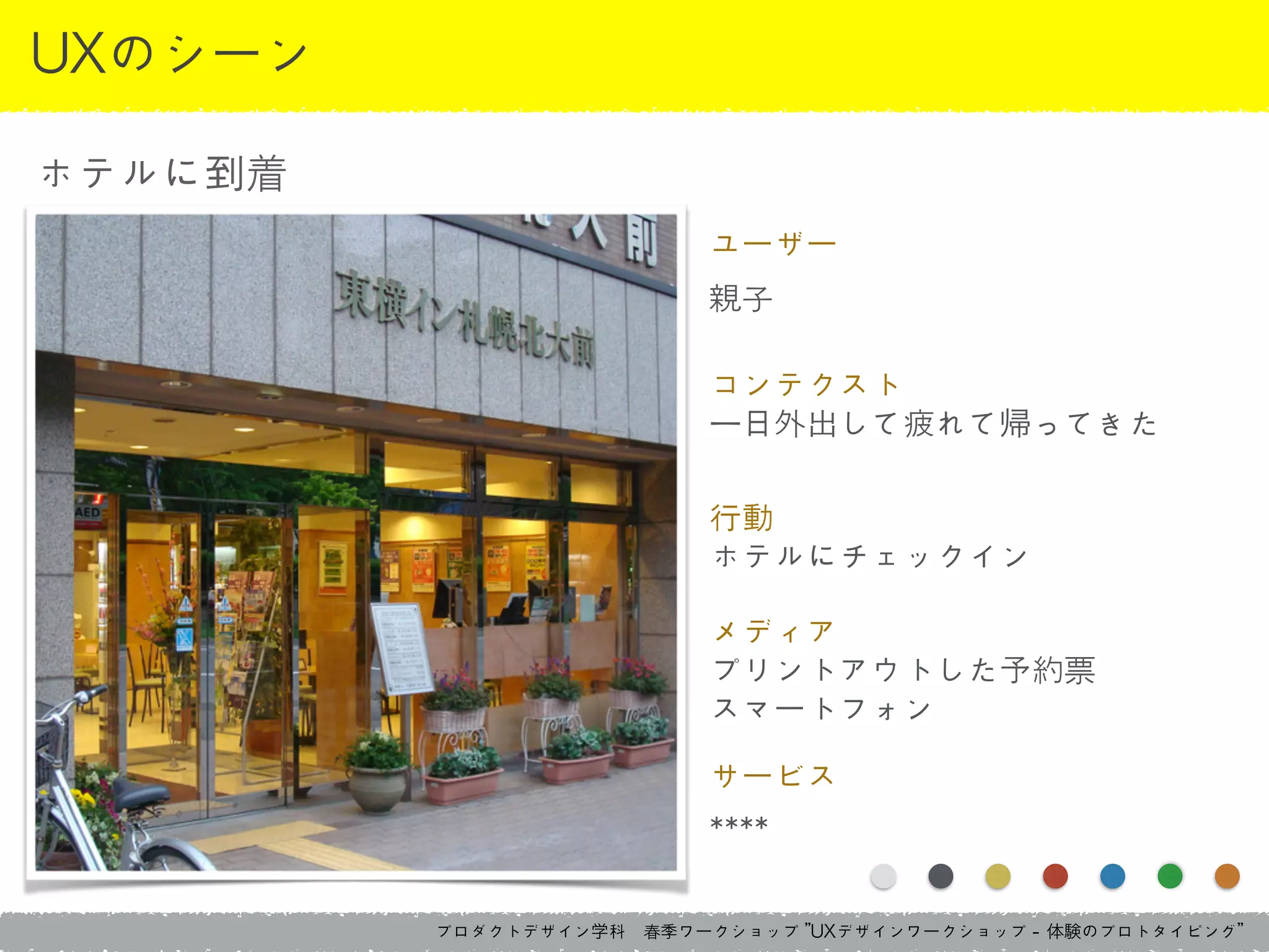 プロダクトデザイン学科　春季ワークショップ	 ”UXデザインワークショップ	 -	 体験のプロトタイピング”
UXのシーン
ホテルに到着
ユーザー	 
親子
コンテクスト	 
一日外出して疲れて帰ってきた
行動	 
ホテルにチェックイン
メディア	 
プリントアウトした予約票	 
スマートフォン
サービス	 
****
 