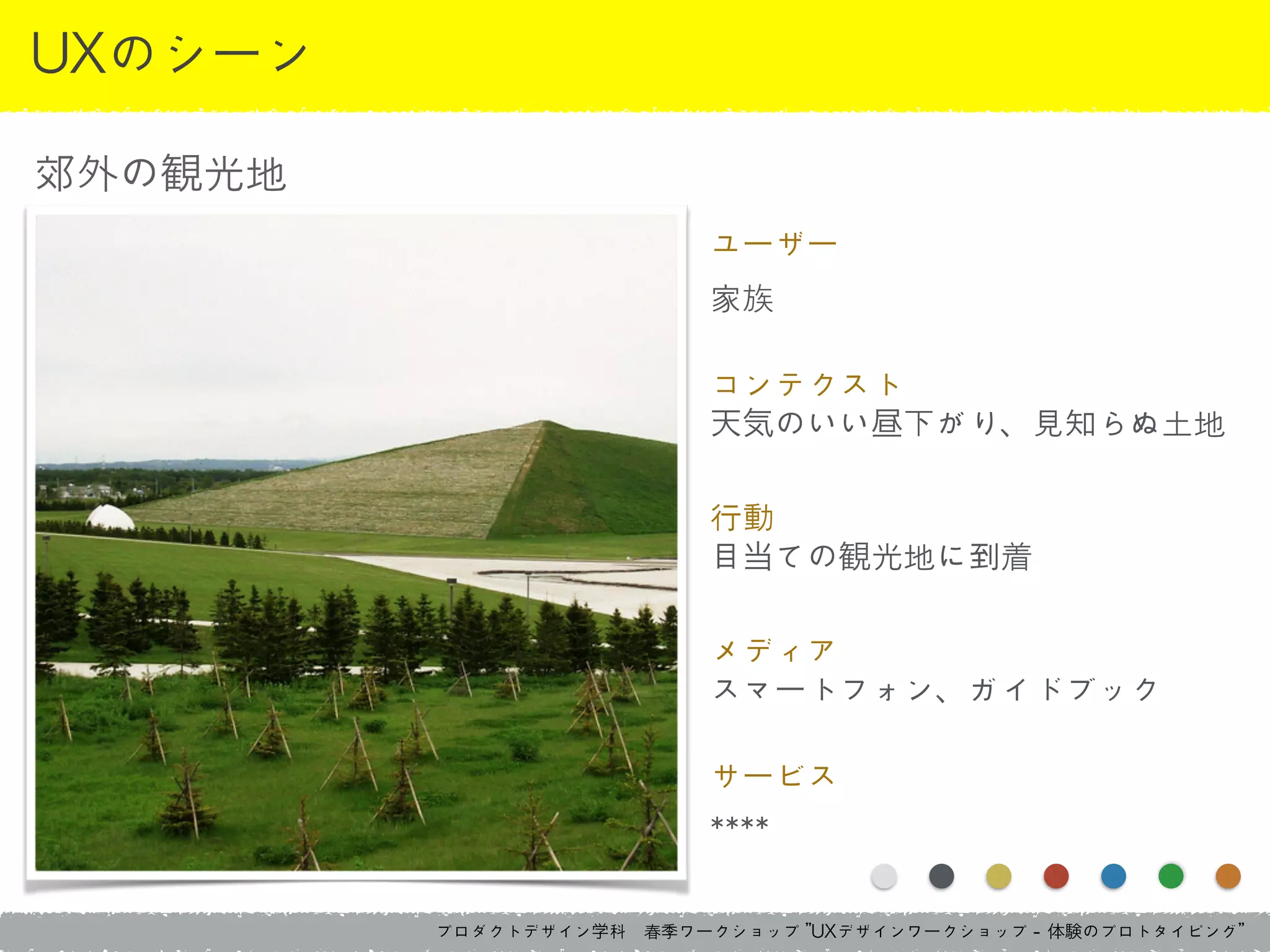 プロダクトデザイン学科　春季ワークショップ	 ”UXデザインワークショップ	 -	 体験のプロトタイピング”
UXのシーン
郊外の観光地
ユーザー	 
家族
コンテクスト	 
天気のいい昼下がり、見知らぬ土地
行動	 
目当ての観光地に到着
メディア	 
スマートフォン、ガイドブック
サービス	 
****
 