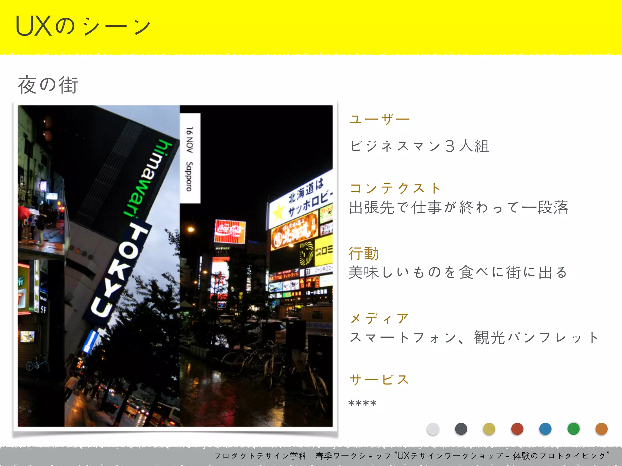 プロダクトデザイン学科　春季ワークショップ	 ”UXデザインワークショップ	 -	 体験のプロトタイピング”
UXのシーン
夜の街
ユーザー	 
ビジネスマン３人組
コンテクスト	 
出張先で仕事が終わって一段落
行動	 
美味しいものを食べに街に出る
メディア	 
スマートフォン、観光パンフレット
サービス	 
****
 