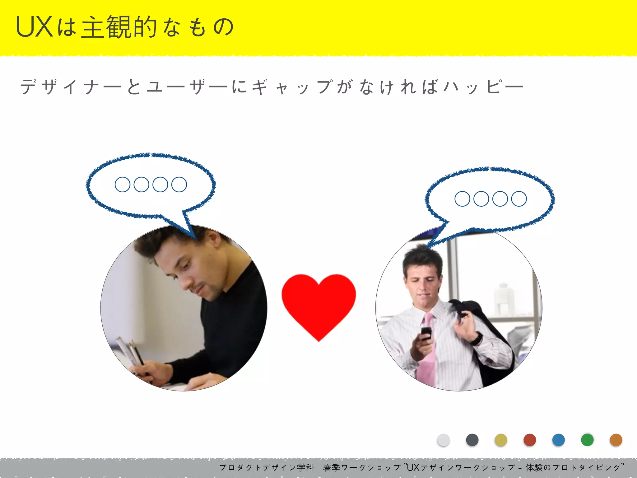 プロダクトデザイン学科　春季ワークショップ	 ”UXデザインワークショップ	 -	 体験のプロトタイピング”
UXは主観的なもの
デザイナーとユーザーにギャップがなければハッピー
○○○○
○○○○
 