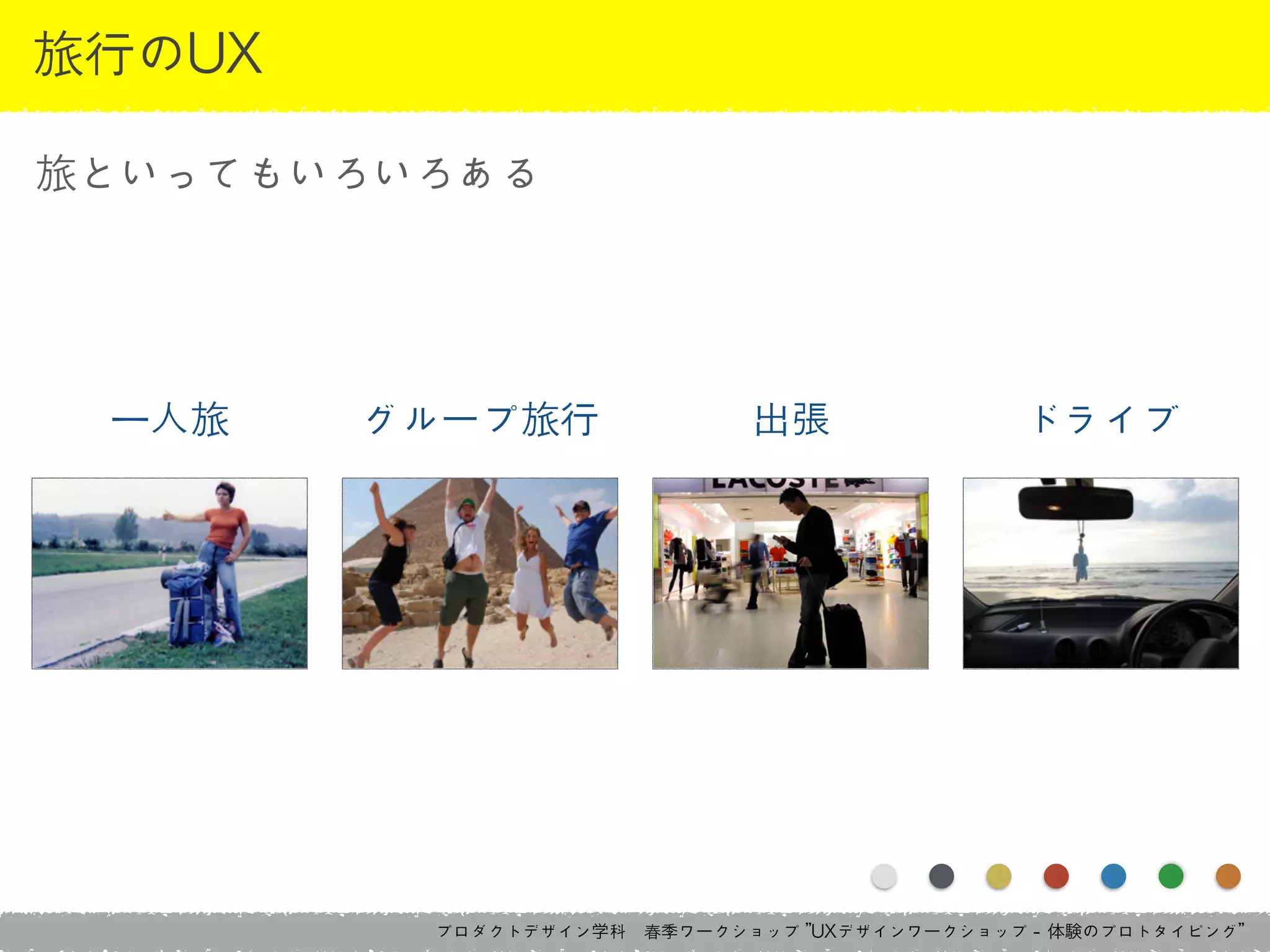 プロダクトデザイン学科　春季ワークショップ	 ”UXデザインワークショップ	 -	 体験のプロトタイピング”
旅行のUX
旅といってもいろいろある
一人旅 グループ旅行 出張 ドライブ
 