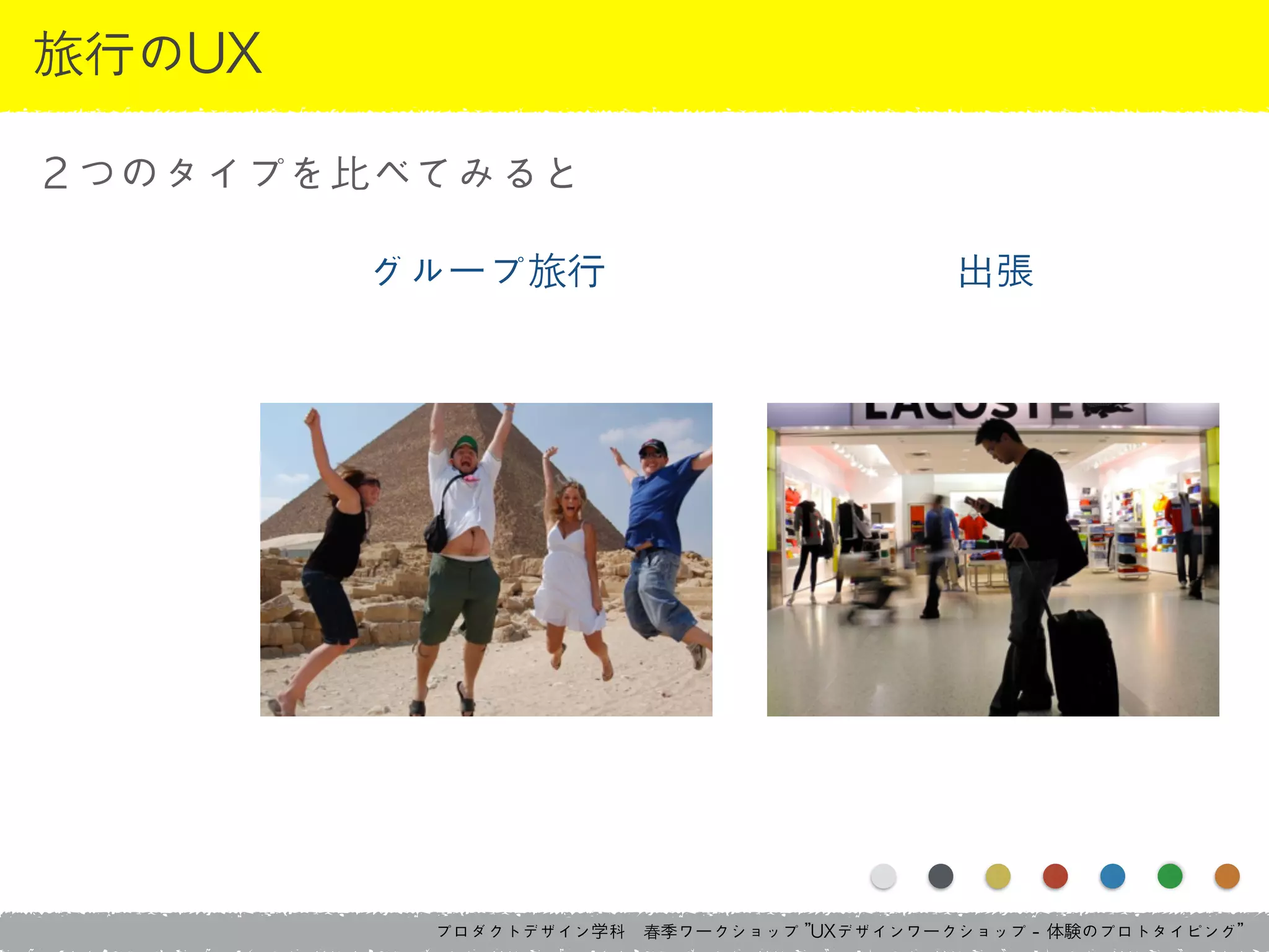 プロダクトデザイン学科　春季ワークショップ	 ”UXデザインワークショップ	 -	 体験のプロトタイピング”
旅行のUX
２つのタイプを比べてみると
グループ旅行 出張
 