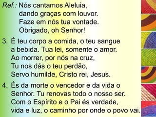 Ref.: Nós cantamos Aleluia,
      dando graças com louvor.
      Faze em nós tua vontade.
      Obrigado, oh Senhor!
3. É teu corpo a comida, o teu sangue
   a bebida. Tua lei, somente o amor.
   Ao morrer, por nós na cruz,
   Tu nos dás o teu perdão,
   Servo humilde, Cristo rei, Jesus.
4. És da morte o vencedor e da vida o
   Senhor. Tu renovas todo o nosso ser.
   Com o Espírito e o Pai és verdade,
   vida e luz, o caminho por onde o povo vai.
 