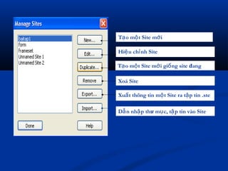 T o m t Site m iạ ộ ớ
Hi u ch nh Siteệ ỉ
T o m t Site m i gi ng siteạ ộ ớ ố đang
ch nọ
Xoá Site
Xu t thông tin m t Site ra t p tin .steấ ộ ậ
D nẫ nh pậ thư m c, t p tin vàoụ ậ Site
 