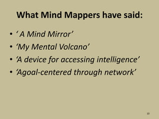 What Mind Mappers have said:‘ A Mind Mirror’‘My Mental Volcano’‘A device for accessing intelligence’‘Agoal-centered through network’10
