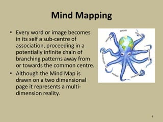 Mind MappingEvery word or image becomes in its self a sub-centre of association, proceeding in a potentially infinite chain of branching patterns away from or towards the common centre.Although the Mind Map is drawn on a two dimensional page it represents a multi-dimension reality.6