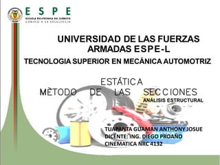 UNIVERSIDAD DE LAS FUERZAS
ARMADAS ESPE-L
TECNOLOGIA SUPERIOR EN MECÁNICA AUTOMOTRIZ
ESTÁTICA
MÈTODO DE LAS SECCIONES
ANÁLISIS ESTRUCTURAL
TUAPANTA GUAMAN ANTHONY JOSUE
DICENTE: ING. DIEGO PROAÑO
CINEMATICA NRC 4132
 