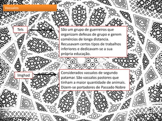 Vassalos

Tels

Imghad

São um grupo de guerreiros que
organizam defesas de grupo e gerem
comércios de longa distancia.
Recusavam certos tipos de trabalhos
inferiores e dedicavam-se a sua
própria educação.

Considerados vassalos de segundo
patamar. São vassalos pastores que
tinham a maior quantidade de animais.
Dizem-se portadores de Passado Nobre

 