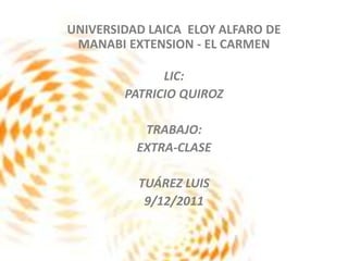 UNIVERSIDAD LAICA ELOY ALFARO DE
 MANABI EXTENSION - EL CARMEN

              LIC:
        PATRICIO QUIROZ

           TRABAJO:
          EXTRA-CLASE

          TUÁREZ LUIS
           9/12/2011
 