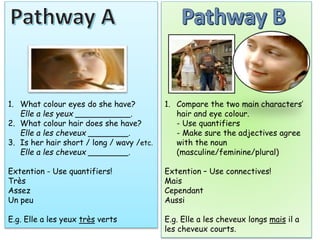 1. What colour eyes do she have?
Elle a les yeux ___________.
2. What colour hair does she have?
Elle a les cheveux ________.
3. Is her hair short / long / wavy /etc.
Elle a les cheveux ________.
Extention - Use quantifiers!
Très
Assez
Un peu
E.g. Elle a les yeux très verts
1. Compare the two main characters’
hair and eye colour.
- Use quantifiers
- Make sure the adjectives agree
with the noun
(masculine/feminine/plural)
Extention – Use connectives!
Mais
Cependant
Aussi
E.g. Elle a les cheveux longs mais il a
les cheveux courts.
 