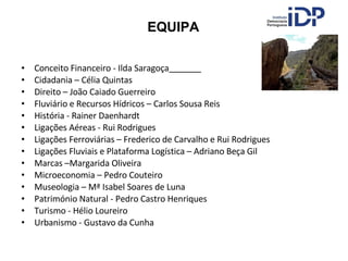 Conceito Financeiro - Ilda Saragoça   Cidadania – Célia Quintas Direito – João Caiado Guerreiro  Fluviário e Recursos Hídricos – Carlos Sousa Reis  História - Rainer Daenhardt  Ligações Aéreas - Rui Rodrigues  Ligações Ferroviárias – Frederico de Carvalho e Rui Rodrigues Ligações Fluviais e Plataforma Logística – Adriano Beça Gil Marcas –Margarida Oliveira  Microeconomia – Pedro Couteiro  Museologia – Mª Isabel Soares de Luna  Património Natural - Pedro Castro Henriques Turismo - Hélio Loureiro Urbanismo - Gustavo da Cunha EQUIPA 