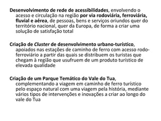 Desenvolvimento de rede de acessibilidades , envolvendo o acesso e circulação na região  por via rodoviária, ferroviária, fluvial e aérea , de pessoas, bens e serviços oriundos quer do território nacional, quer da Europa, de forma a criar uma solução de satisfação total  Criação de  Cluster  de desenvolvimento urbano-turístico , apoiados nas estações de caminho de ferro com acesso rodo-ferroviário a partir das quais se distribuem os turistas que chegam à região que usufruem de um produto turístico de elevada qualidade Criação de um Parque Temático do Vale do Tua , complementando a viagem em caminho de ferro turístico pelo espaço natural com uma viagem pela história, mediante vários tipos de intervenções e inovações a criar ao longo do vale do Tua 
