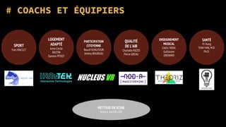 # COACHS ET ÉQUIPIERS
SPORT
Yves MACLET
LOGEMENT
ADAPTÉ
Anne Cécile
BASTIN
Damien PITIOT
PARTICIPATION
CITOYENNE
Boucif KHALFOUN
Jérémy BOUREAU
QUALITÉ
DE L’AIR
Charlotte RIZZO
Pierre GREAU
ENSEIGNEMENT
MUSICAL
Cédric VIDAL
Guillaume
GRENARD
SANTÉ
Pr Hung
THAI-VAN, M.D.
Ph.D.
METTEUR EN SCENE
Etienne GAUDILLÈRE
 