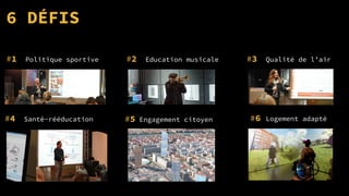 #1 Politique sportive #2 Education musicale #3 Qualité de l’air
#4 Santé-rééducation #5 Engagement citoyen #6 Logement adapté
6 DÉFIS
 