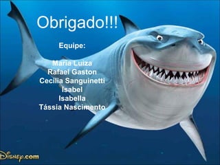 Obrigado!!!
     Equipe:

   Maria Luiza
  Rafael Gaston
Cecília Sanguinetti
       Isabel
      Isabella
Tássia Nascimento
 