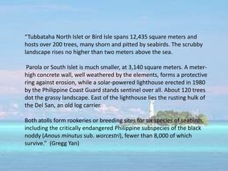 “Tubbataha North Islet or Bird Isle spans 12,435 square meters and
hosts over 200 trees, many shorn and pitted by seabirds. The scrubby
landscape rises no higher than two meters above the sea.

 Parola or South Islet is much smaller, at 3,140 square meters. A meter-
high concrete wall, well weathered by the elements, forms a protective
ring against erosion, while a solar-powered lighthouse erected in 1980
by the Philippine Coast Guard stands sentinel over all. About 120 trees
dot the grassy landscape. East of the lighthouse lies the rusting hulk of
the Del San, an old log carrier.

Both atolls form rookeries or breeding sites for six species of seabirds,
including the critically endangered Philippine subspecies of the black
noddy (Anous minutus sub. worcestri), fewer than 8,000 of which
survive.” (Gregg Yan)
 