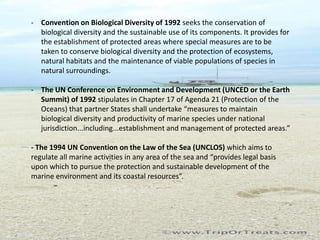 - Convention on Biological Diversity of 1992 seeks the conservation of
  biological diversity and the sustainable use of its components. It provides for
  the establishment of protected areas where special measures are to be
  taken to conserve biological diversity and the protection of ecosystems,
  natural habitats and the maintenance of viable populations of species in
  natural surroundings.

- The UN Conference on Environment and Development (UNCED or the Earth
  Summit) of 1992 stipulates in Chapter 17 of Agenda 21 (Protection of the
  Oceans) that partner States shall undertake “measures to maintain
  biological diversity and productivity of marine species under national
  jurisdiction...including...establishment and management of protected areas.”

- The 1994 UN Convention on the Law of the Sea (UNCLOS) which aims to
regulate all marine activities in any area of the sea and “provides legal basis
upon which to pursue the protection and sustainable development of the
marine environment and its coastal resources”.
 