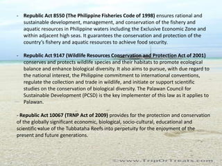 - Republic Act 8550 (The Philippine Fisheries Code of 1998) ensures rational and
  sustainable development, management, and conservation of the fishery and
  aquatic resources in Philippine waters including the Exclusive Economic Zone and
  within adjacent high seas. It guarantees the conservation and protection of the
  country’s fishery and aquatic resources to achieve food security.

- Republic Act 9147 (Wildlife Resources Conservation and Protection Act of 2001)
  conserves and protects wildlife species and their habitats to promote ecological
  balance and enhance biological diversity. It also aims to pursue, with due regard to
  the national interest, the Philippine commitment to international conventions,
  regulate the collection and trade in wildlife, and initiate or support scientific
  studies on the conservation of biological diversity. The Palawan Council for
  Sustainable Development (PCSD) is the key implementer of this law as it applies to
  Palawan.

- Republic Act 10067 (TRNP Act of 2009) provides for the protection and conservation
of the globally significant economic, biological, socio-cultural, educational and
scientific value of the Tubbataha Reefs into perpetuity for the enjoyment of the
present and future generations.
 