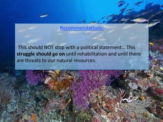 Recommendations:


 This should NOT stop with a political statement… This
struggle should go on until rehabilitation and until there
are threats to our natural resources.
 