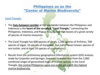 Philippines as as the
                  "Center of Marine Biodiversity"

Coral Triangle:

• The Sulu-Sulawesi corridor at the sea border between the Philippines and
  Indonesia is the heart of the so-called "Coral Triangle," connecting the
  Philippines, Indonesia, and Papua New Guinea that boasts of a great variety
  of species of marine resources.

• The Coral Triangle has 600 species of corals, 1,200 species of finfishes, 700
  species of algae, 33 species of mangrove, five out of seven known species of
  sea turtles, and at least 24 species of crustaceans.

• Results from the preliminary geographical information system (GIS) analysis
  made by Carpenter and Springer, however, revealed that from the 2,983
  combined ranges of generalized maps of marine species in the Coral
  Triangle, the central Philippines came out as the area with the highest
  marine biodiversity.
 