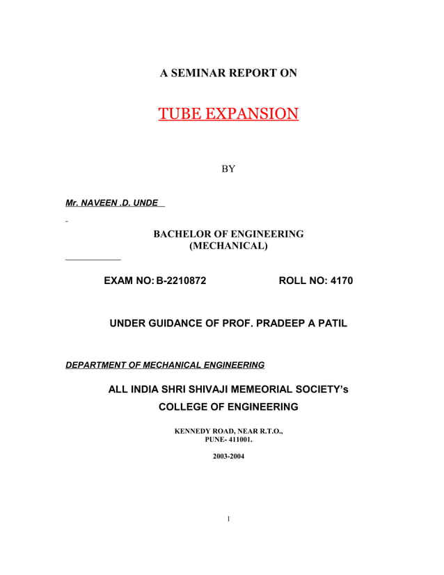 Tube Expansion Seminar Report Summary | PDF