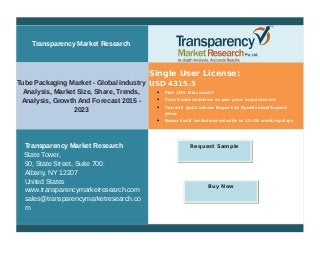 Transparency Market Research
Tube Packaging Market - Global Industry
Analysis, Market Size, Share, Trends,
Analysis, Growth And Forecast 2015 -
2023
Single User License:
USD 4315.5
 Flat 10% Discount!!
 Free Customization as per your requirement
 You will get Custom Report at Syndicated Report
price
 Report will be delivered with in 15-20 working days
Transparency Market Research
State Tower,
90, State Street, Suite 700.
Albany, NY 12207
United States
www.transparencymarketresearch.com
sales@transparencymarketresearch.co
m
Request Sample
Buy Now
 